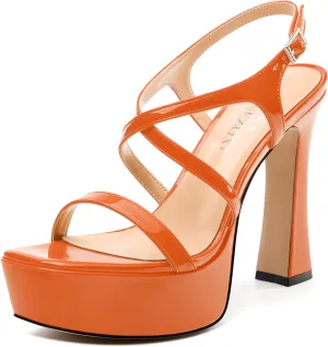 Square Toe Heeled Platform Sandals, Criss-cross Straps High Block Heel Sandals, Open Toe Slingback Strappy Sandals, Wedding Party Dress Shoes 5"