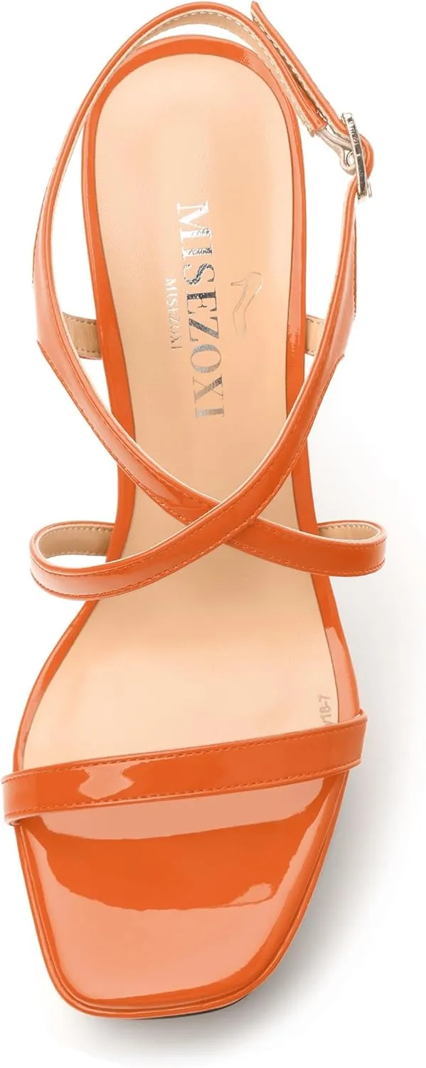 Square Toe Heeled Platform Sandals, Criss-cross Straps High Block Heel Sandals, Open Toe Slingback Strappy Sandals, Wedding Party Dress Shoes 5"