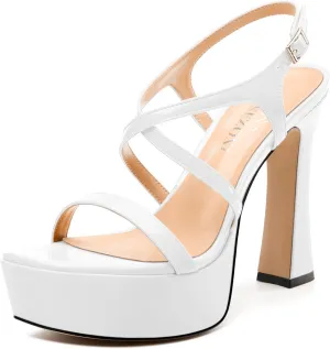 Square Toe Heeled Platform Sandals, Criss-cross Straps High Block Heel Sandals, Open Toe Slingback Strappy Sandals, Wedding Party Dress Shoes 5"
