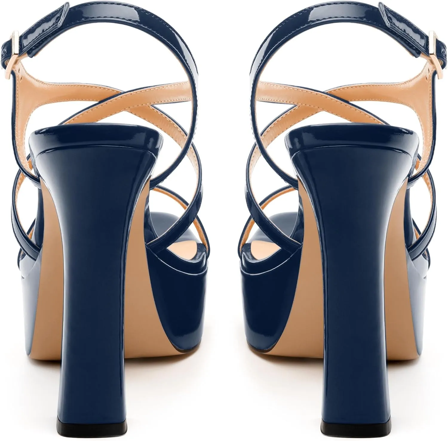 Square Toe Heeled Platform Sandals, Criss-cross Straps High Block Heel Sandals, Open Toe Slingback Strappy Sandals, Wedding Party Dress Shoes 5"