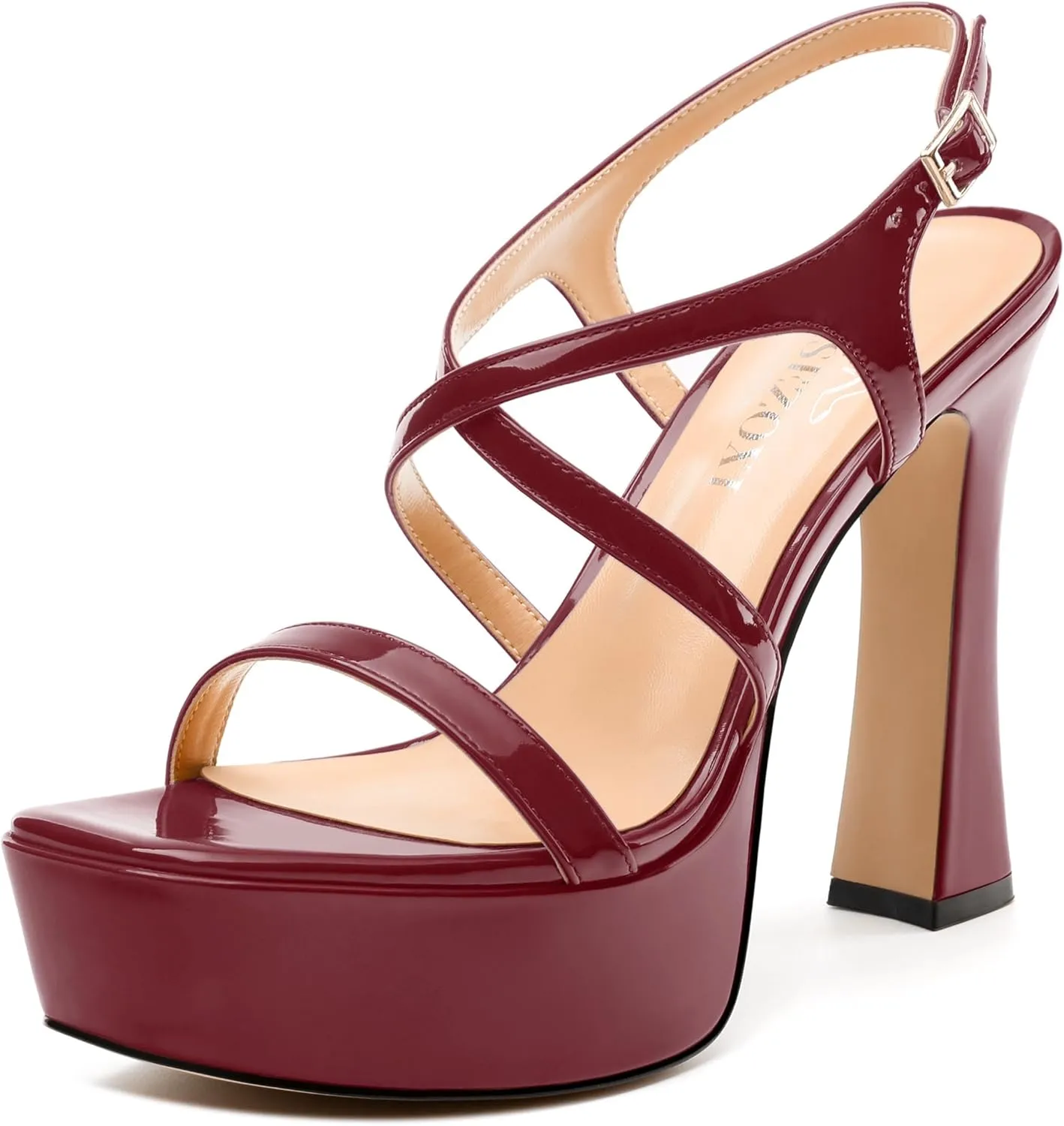 Square Toe Heeled Platform Sandals, Criss-cross Straps High Block Heel Sandals, Open Toe Slingback Strappy Sandals, Wedding Party Dress Shoes 5"