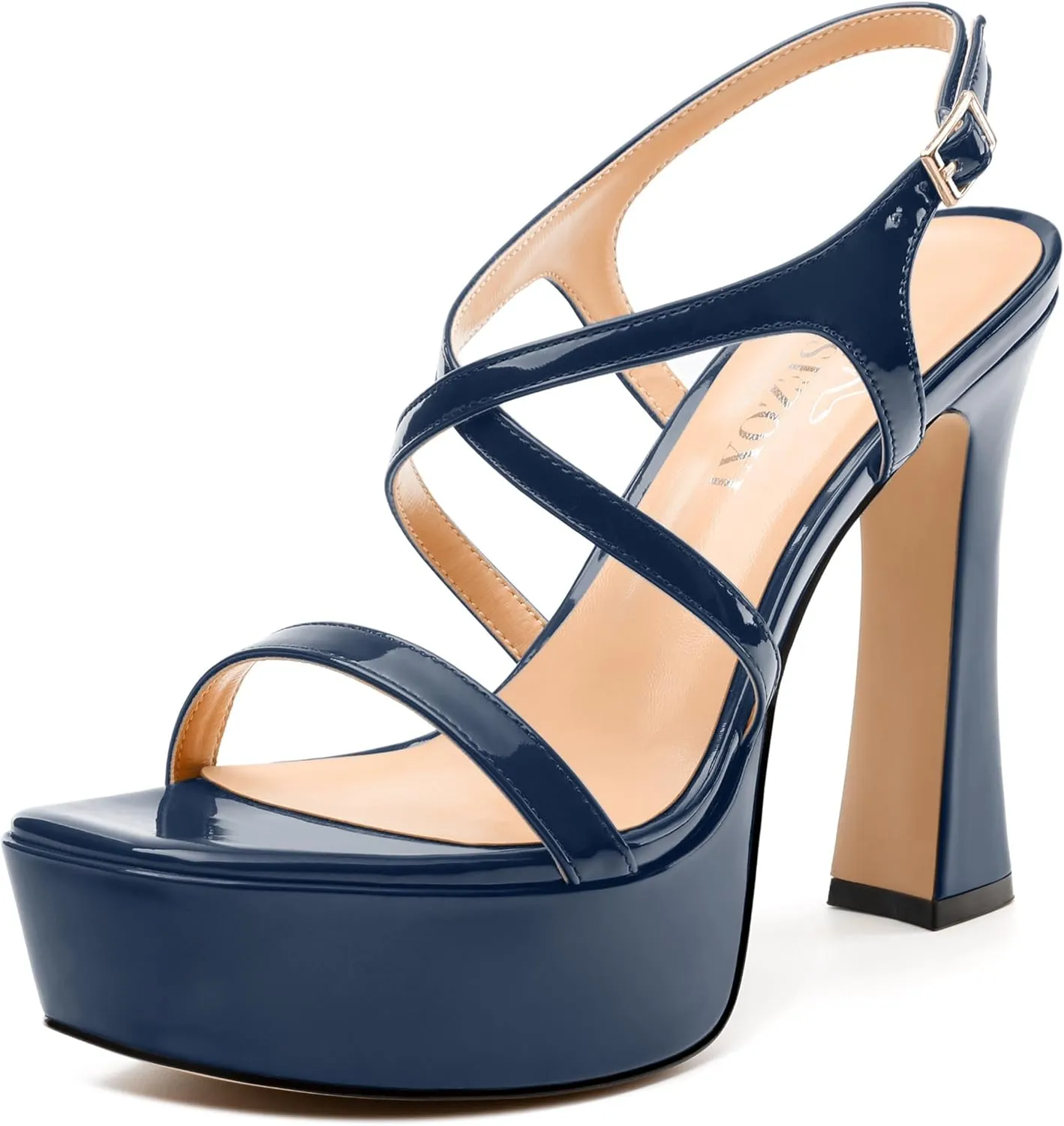 Square Toe Heeled Platform Sandals, Criss-cross Straps High Block Heel Sandals, Open Toe Slingback Strappy Sandals, Wedding Party Dress Shoes 5"