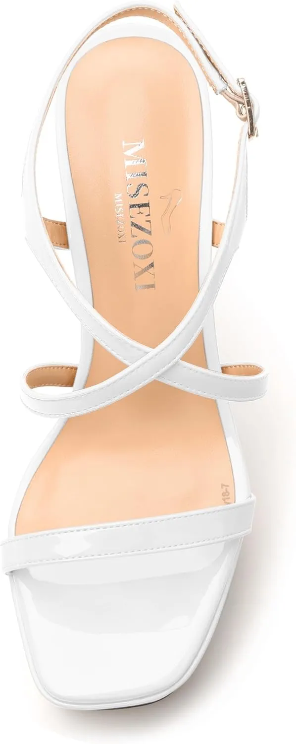 Square Toe Heeled Platform Sandals, Criss-cross Straps High Block Heel Sandals, Open Toe Slingback Strappy Sandals, Wedding Party Dress Shoes 5"