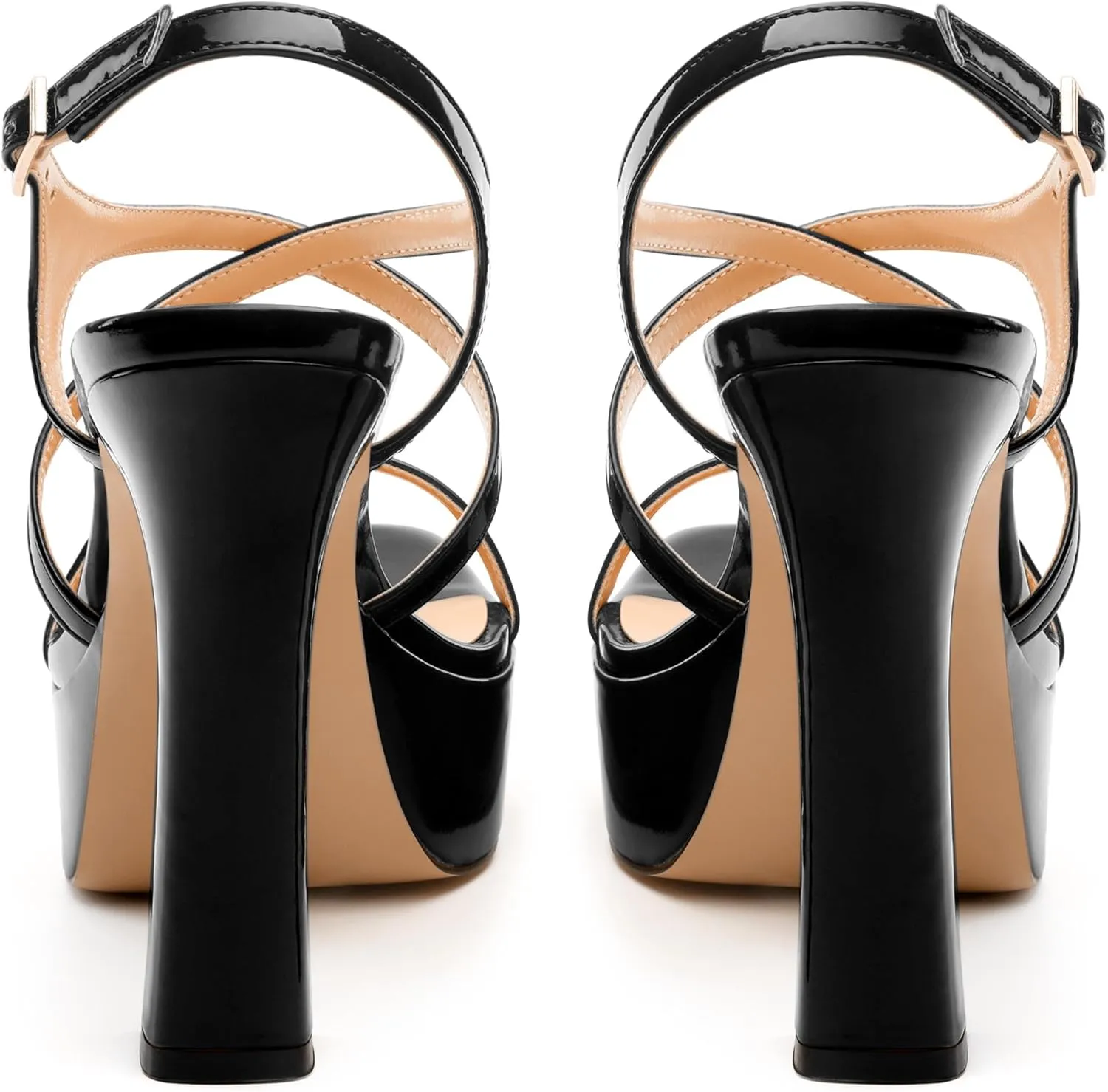 Square Toe Heeled Platform Sandals, Criss-cross Straps High Block Heel Sandals, Open Toe Slingback Strappy Sandals, Wedding Party Dress Shoes 5"