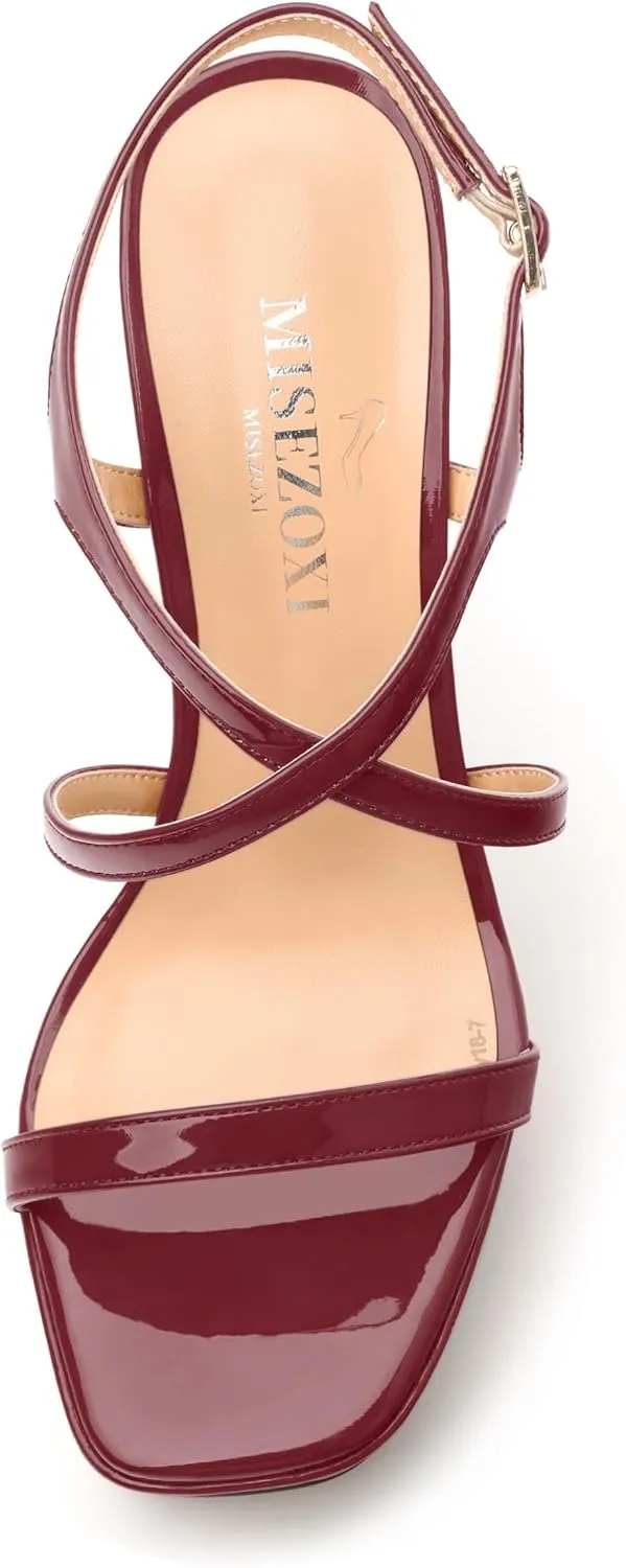 Square Toe Heeled Platform Sandals, Criss-cross Straps High Block Heel Sandals, Open Toe Slingback Strappy Sandals, Wedding Party Dress Shoes 5"