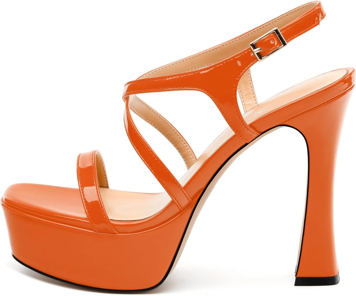 Square Toe Heeled Platform Sandals, Criss-cross Straps High Block Heel Sandals, Open Toe Slingback Strappy Sandals, Wedding Party Dress Shoes 5"