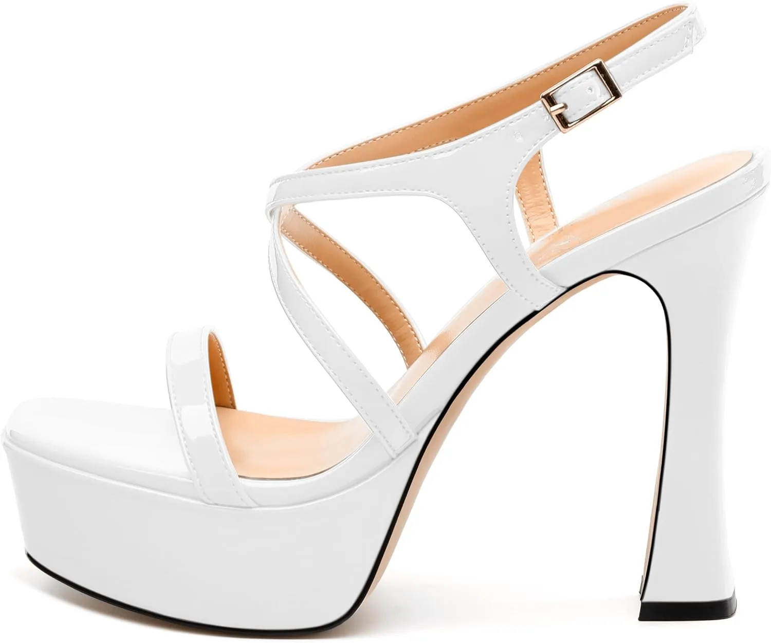 Square Toe Heeled Platform Sandals, Criss-cross Straps High Block Heel Sandals, Open Toe Slingback Strappy Sandals, Wedding Party Dress Shoes 5"