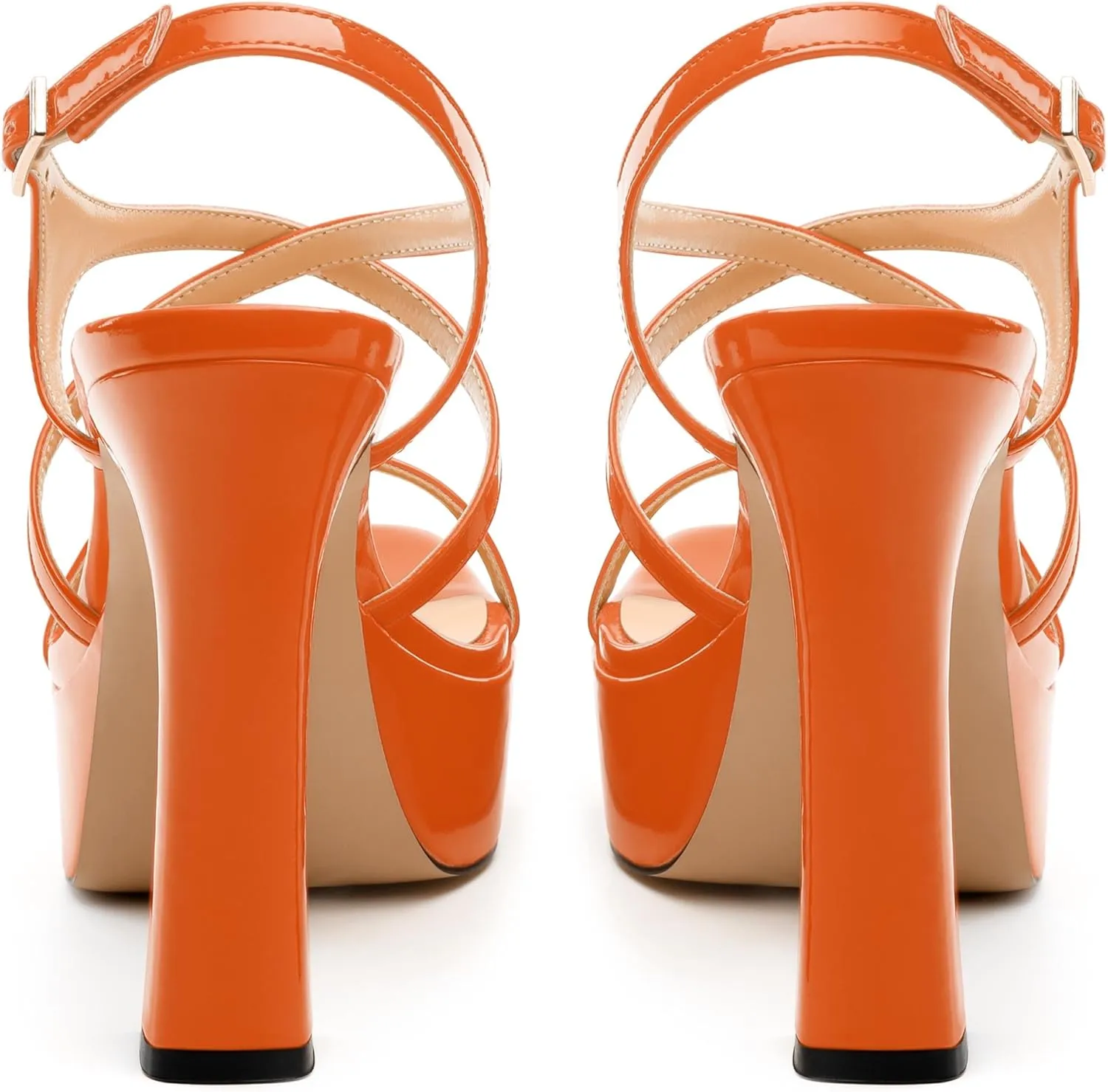 Square Toe Heeled Platform Sandals, Criss-cross Straps High Block Heel Sandals, Open Toe Slingback Strappy Sandals, Wedding Party Dress Shoes 5"