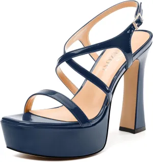 Square Toe Heeled Platform Sandals, Criss-cross Straps High Block Heel Sandals, Open Toe Slingback Strappy Sandals, Wedding Party Dress Shoes 5"