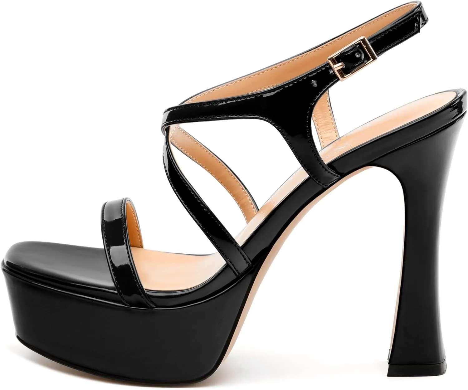 Square Toe Heeled Platform Sandals, Criss-cross Straps High Block Heel Sandals, Open Toe Slingback Strappy Sandals, Wedding Party Dress Shoes 5"