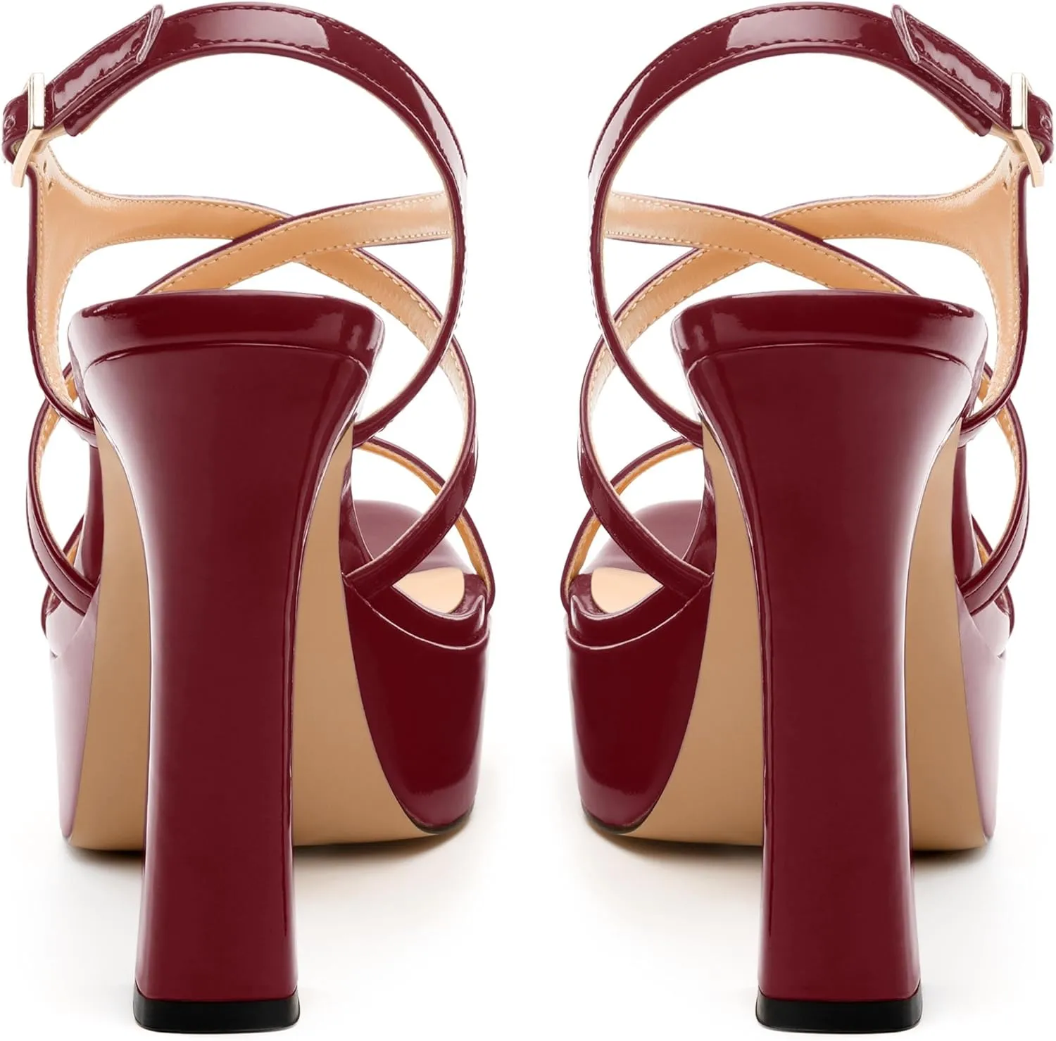 Square Toe Heeled Platform Sandals, Criss-cross Straps High Block Heel Sandals, Open Toe Slingback Strappy Sandals, Wedding Party Dress Shoes 5"