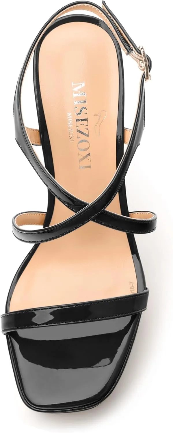 Square Toe Heeled Platform Sandals, Criss-cross Straps High Block Heel Sandals, Open Toe Slingback Strappy Sandals, Wedding Party Dress Shoes 5"