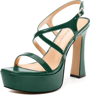 Square Toe Heeled Platform Sandals, Criss-cross Straps High Block Heel Sandals, Open Toe Slingback Strappy Sandals, Wedding Party Dress Shoes 5"