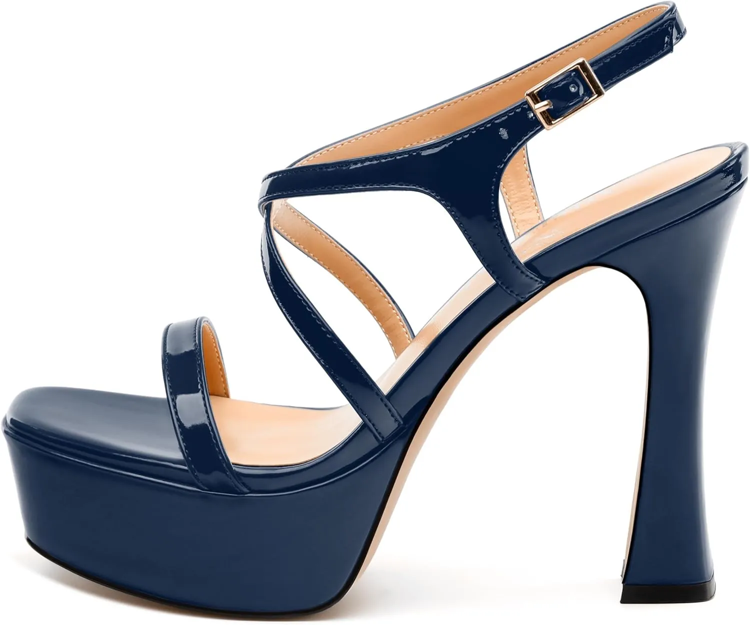 Square Toe Heeled Platform Sandals, Criss-cross Straps High Block Heel Sandals, Open Toe Slingback Strappy Sandals, Wedding Party Dress Shoes 5"