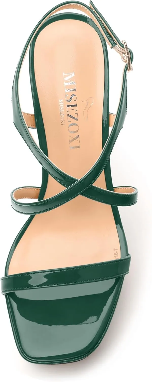 Square Toe Heeled Platform Sandals, Criss-cross Straps High Block Heel Sandals, Open Toe Slingback Strappy Sandals, Wedding Party Dress Shoes 5"