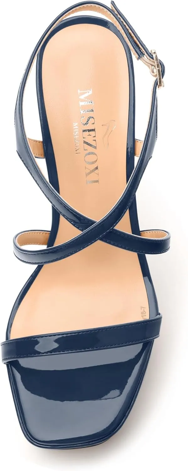 Square Toe Heeled Platform Sandals, Criss-cross Straps High Block Heel Sandals, Open Toe Slingback Strappy Sandals, Wedding Party Dress Shoes 5"