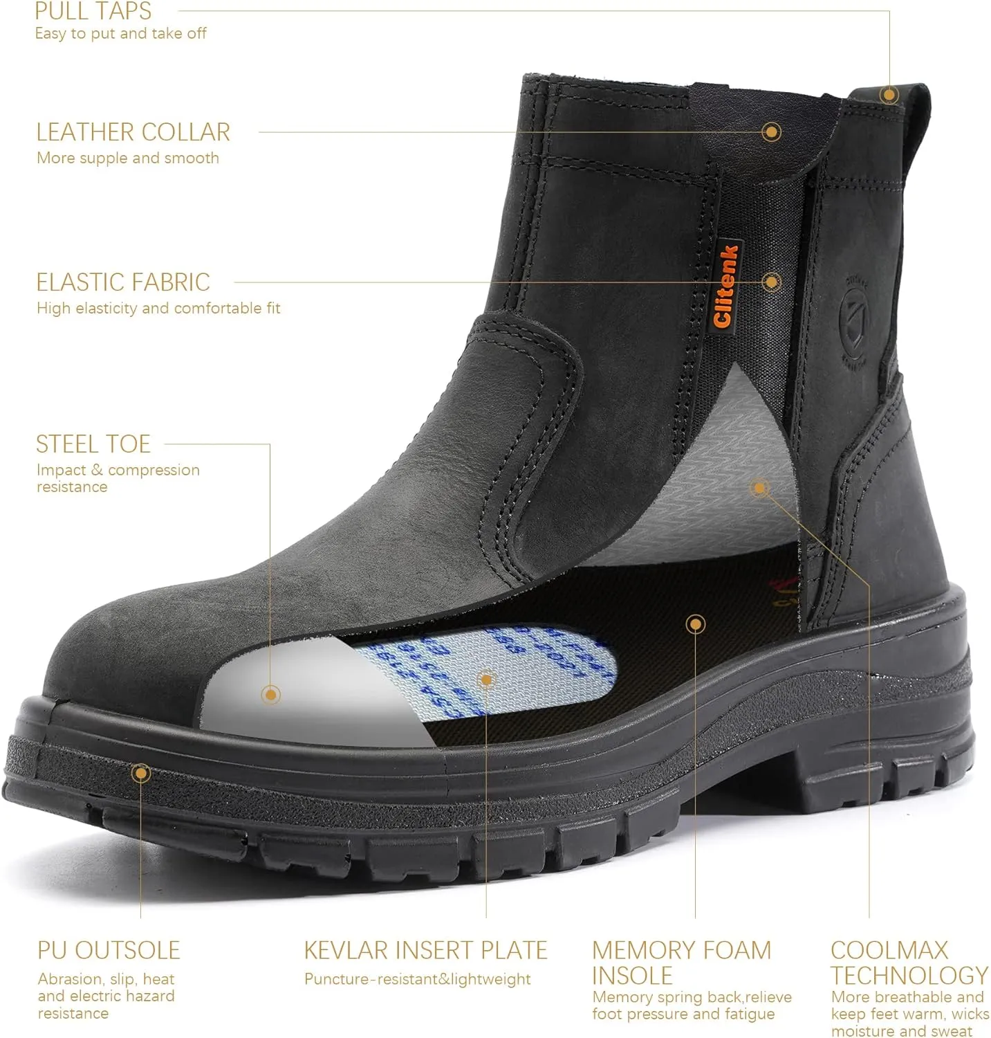 Steel Toe Boots for Men Waterproof, 6" Oiled Full Grain Leather Slip on Work Boots, Non-Slip, Puncture-Proof, Breathable, Comfortable Outdoor Lightweight Mens Work Boots