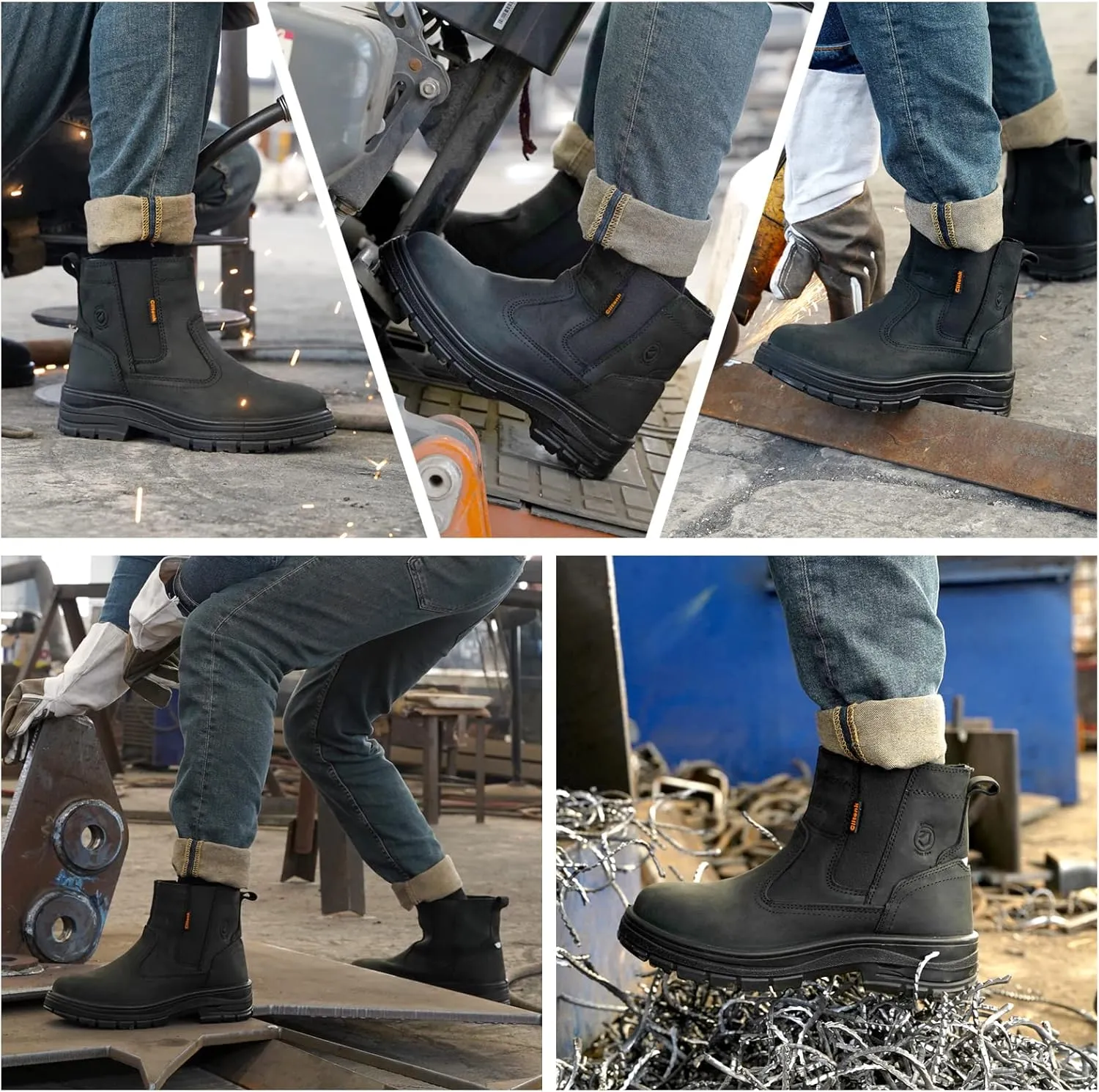 Steel Toe Boots for Men Waterproof, 6" Oiled Full Grain Leather Slip on Work Boots, Non-Slip, Puncture-Proof, Breathable, Comfortable Outdoor Lightweight Mens Work Boots
