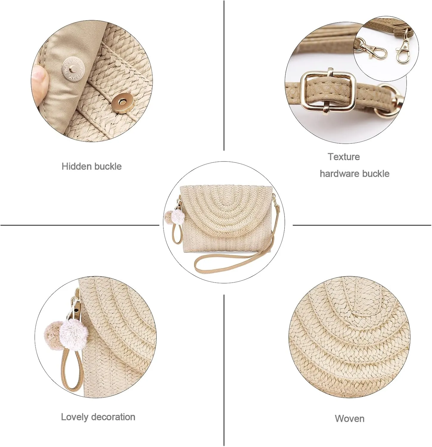 Straw Clutch Bag Woven Purse for Women Shoulder Bag Casual Beach Rattan Handmade Wallet