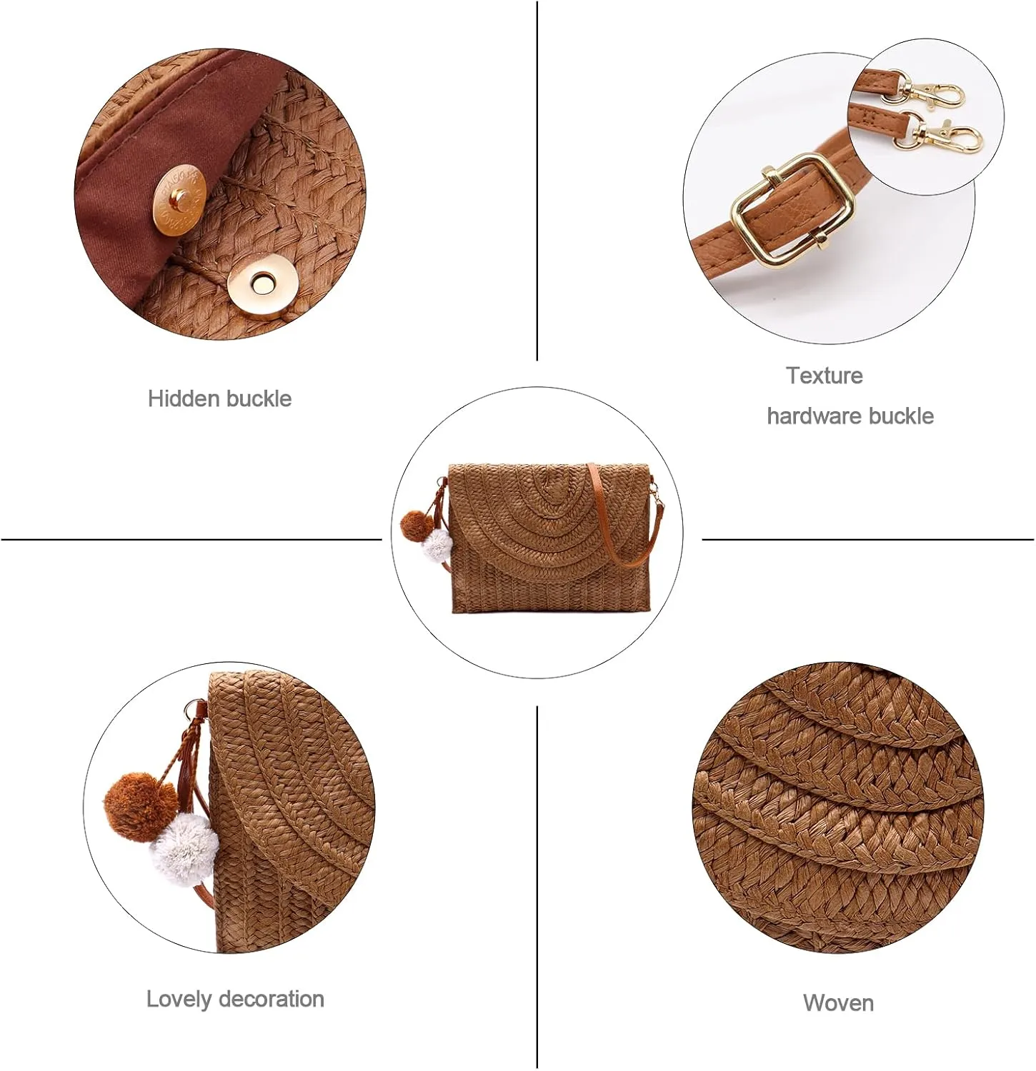 Straw Clutch Bag Woven Purse for Women Shoulder Bag Casual Beach Rattan Handmade Wallet