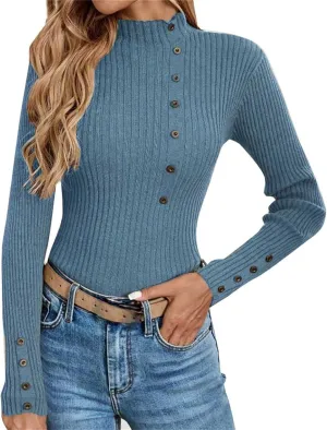Sweater for Women Solid Casual Turtleneck Button Pullover Knitted Base Pullover Slim Fit Versatile Ribbed Stretch Tops