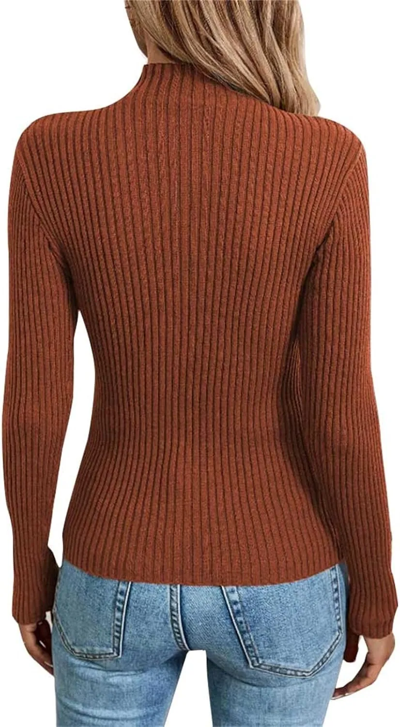 Sweater for Women Solid Casual Turtleneck Button Pullover Knitted Base Pullover Slim Fit Versatile Ribbed Stretch Tops