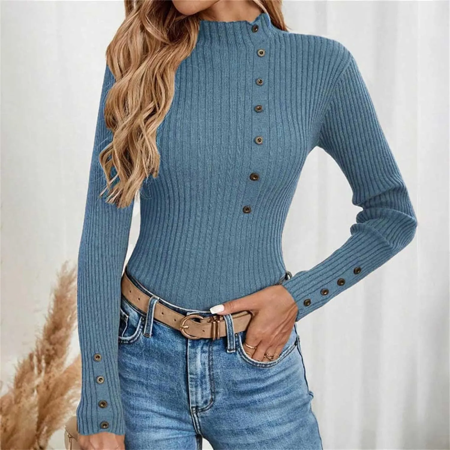 Sweater for Women Solid Casual Turtleneck Button Pullover Knitted Base Pullover Slim Fit Versatile Ribbed Stretch Tops