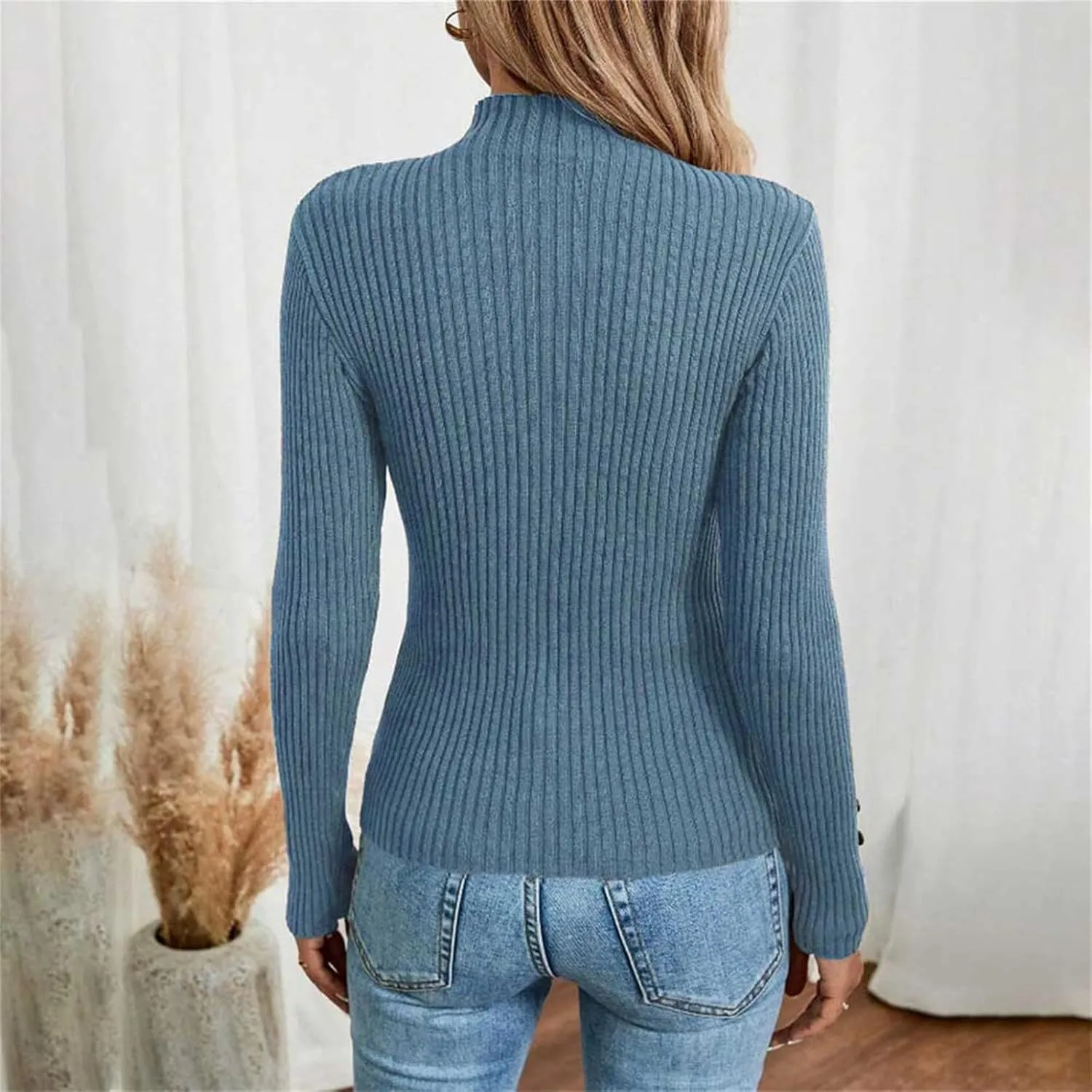 Sweater for Women Solid Casual Turtleneck Button Pullover Knitted Base Pullover Slim Fit Versatile Ribbed Stretch Tops