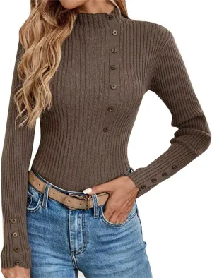 Sweater for Women Solid Casual Turtleneck Button Pullover Knitted Base Pullover Slim Fit Versatile Ribbed Stretch Tops
