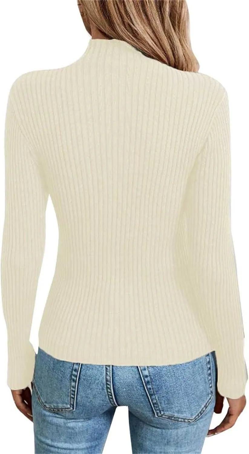 Sweater for Women Solid Casual Turtleneck Button Pullover Knitted Base Pullover Slim Fit Versatile Ribbed Stretch Tops