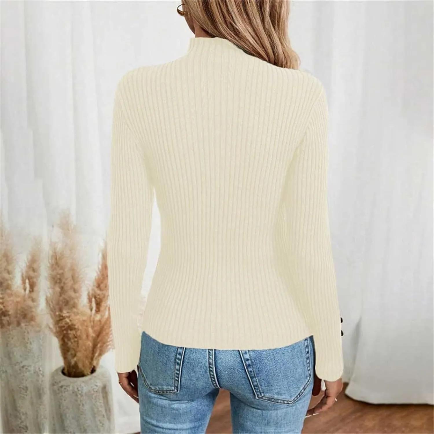 Sweater for Women Solid Casual Turtleneck Button Pullover Knitted Base Pullover Slim Fit Versatile Ribbed Stretch Tops