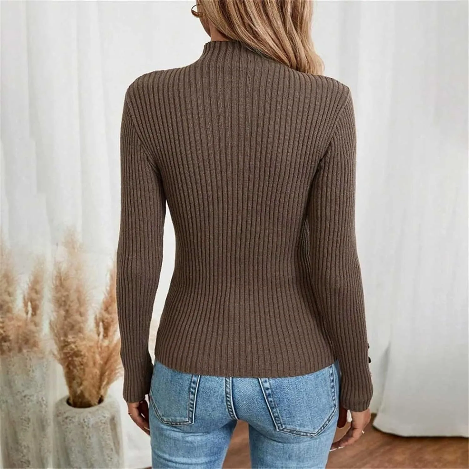 Sweater for Women Solid Casual Turtleneck Button Pullover Knitted Base Pullover Slim Fit Versatile Ribbed Stretch Tops