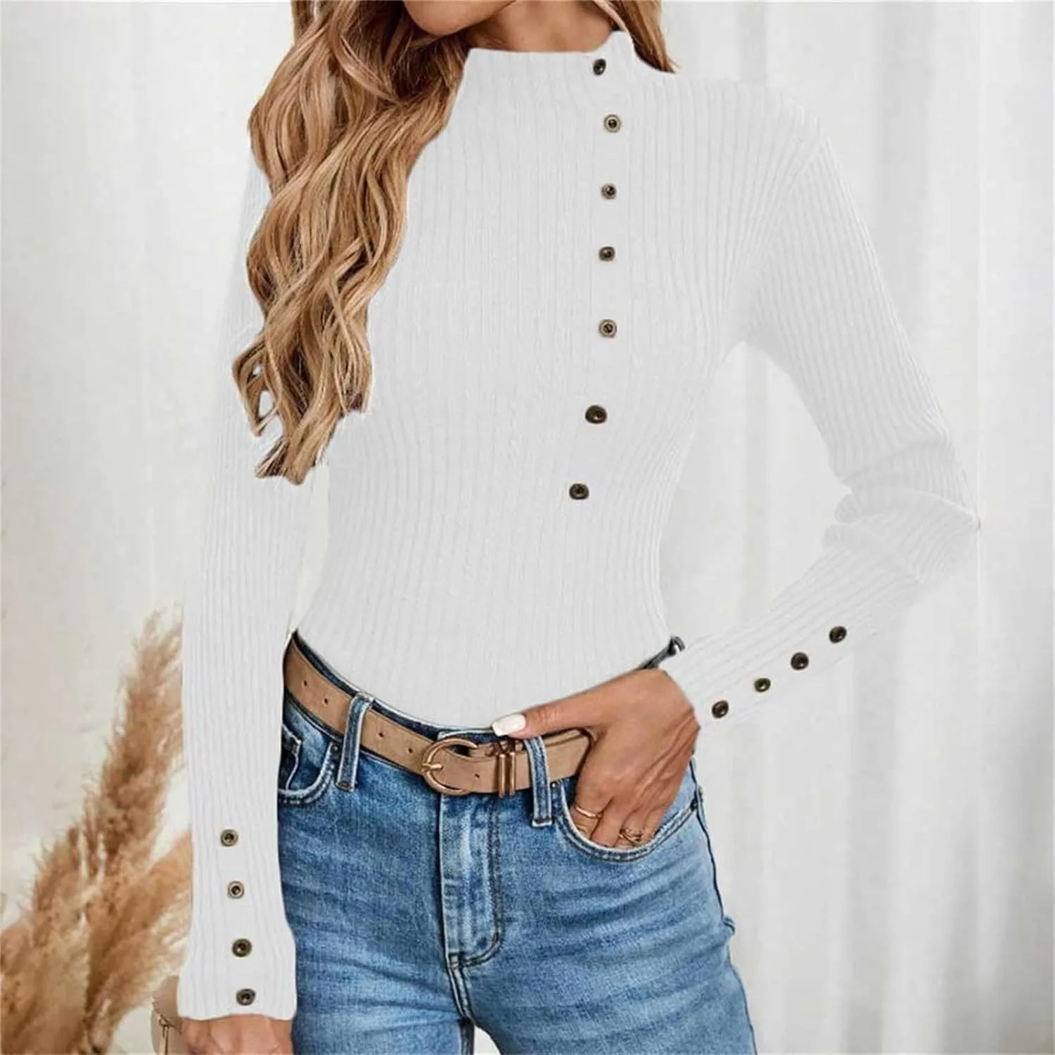 Sweater for Women Solid Casual Turtleneck Button Pullover Knitted Base Pullover Slim Fit Versatile Ribbed Stretch Tops
