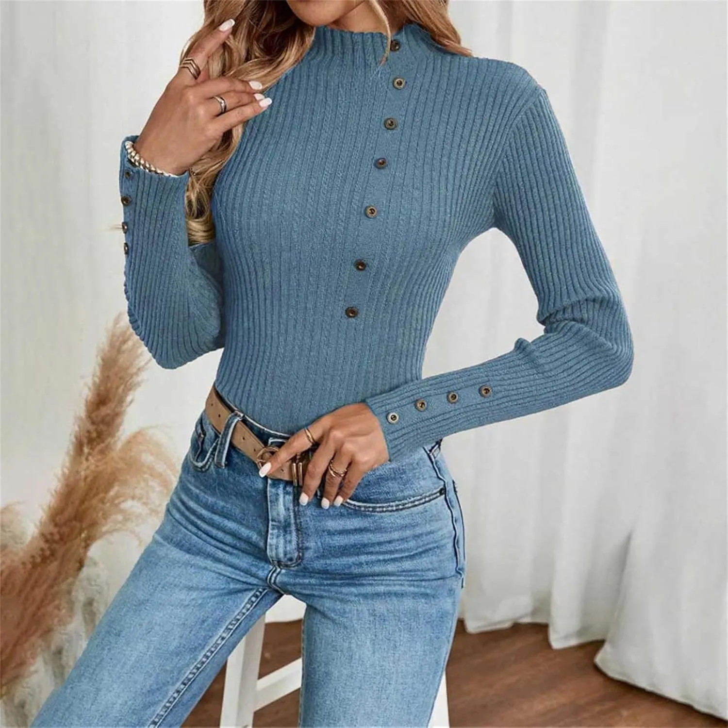 Sweater for Women Solid Casual Turtleneck Button Pullover Knitted Base Pullover Slim Fit Versatile Ribbed Stretch Tops