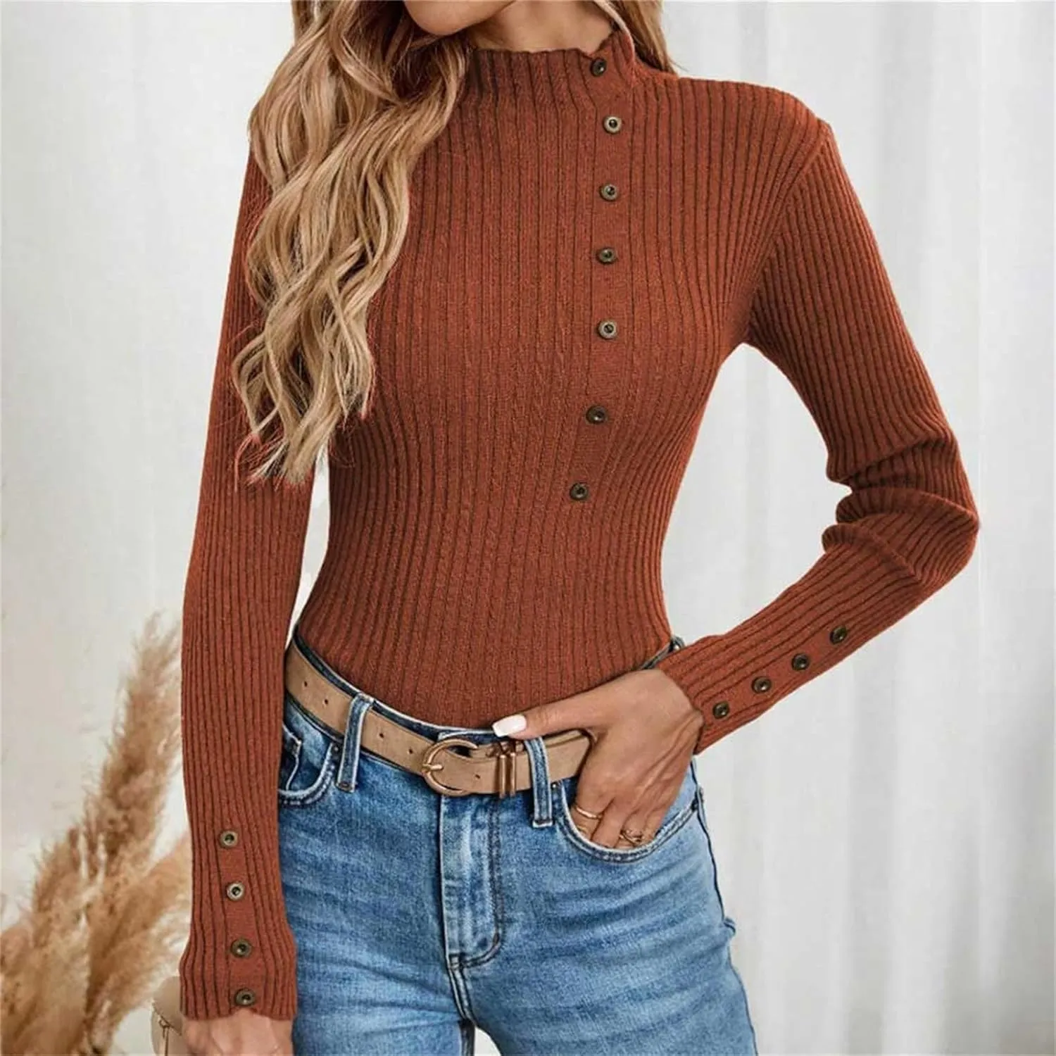 Sweater for Women Solid Casual Turtleneck Button Pullover Knitted Base Pullover Slim Fit Versatile Ribbed Stretch Tops