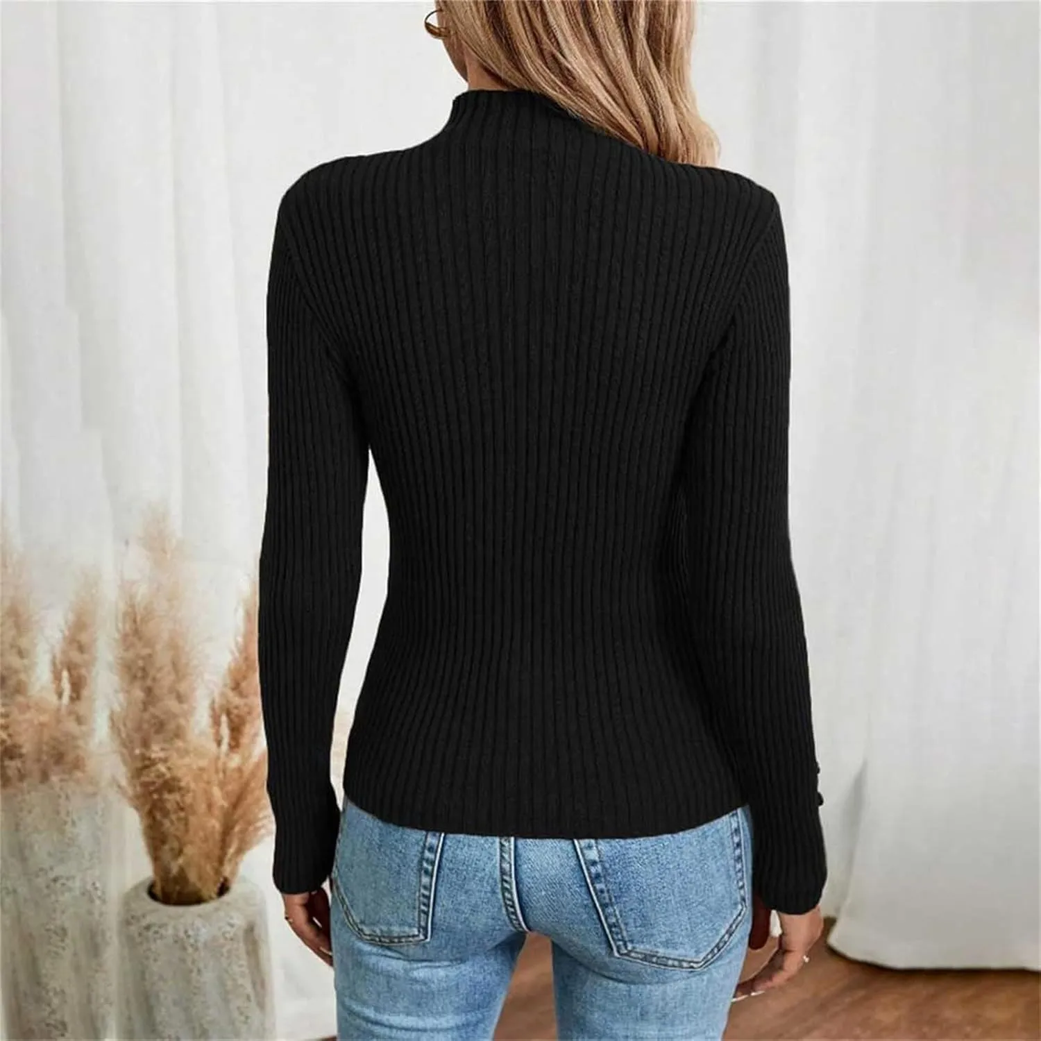 Sweater for Women Solid Casual Turtleneck Button Pullover Knitted Base Pullover Slim Fit Versatile Ribbed Stretch Tops