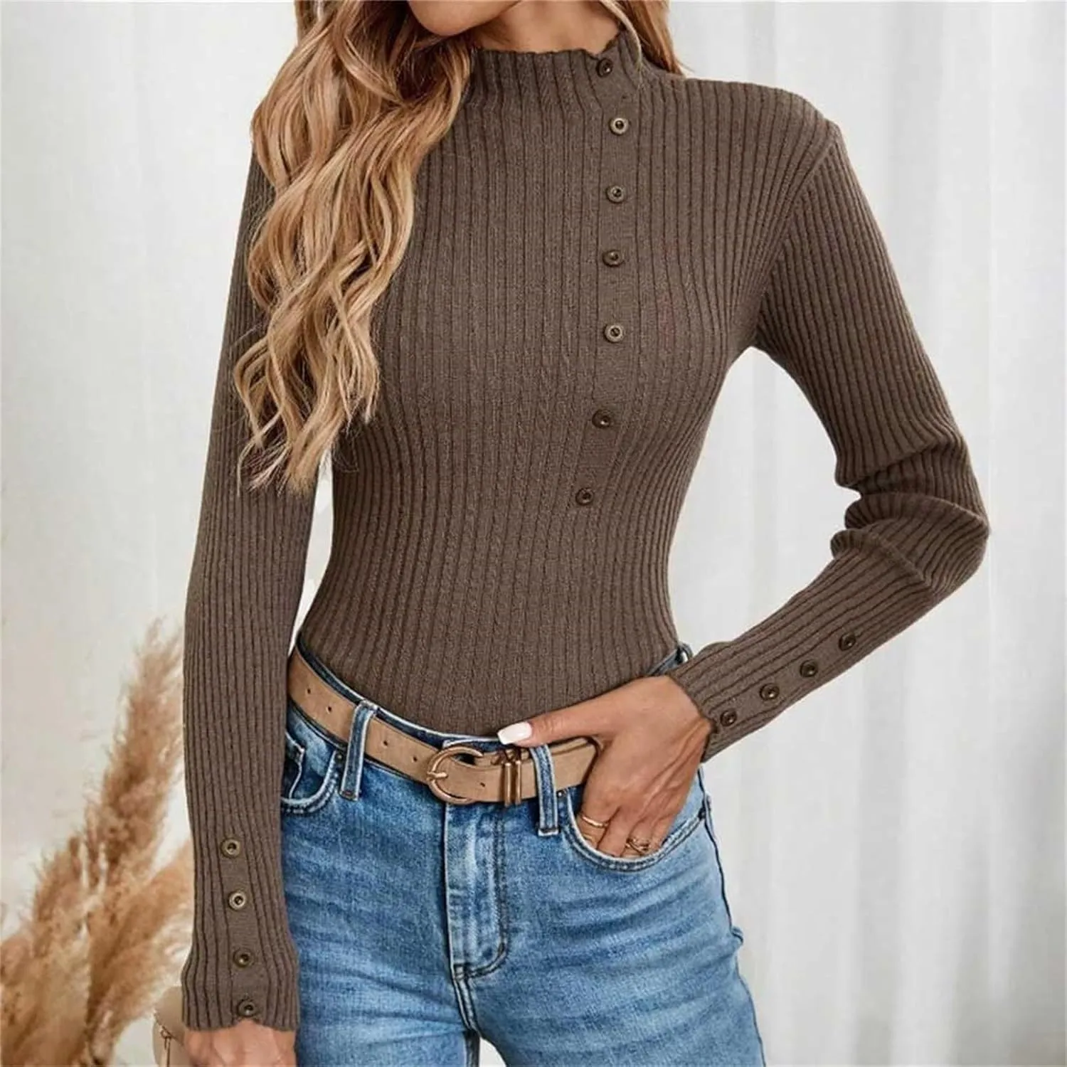 Sweater for Women Solid Casual Turtleneck Button Pullover Knitted Base Pullover Slim Fit Versatile Ribbed Stretch Tops