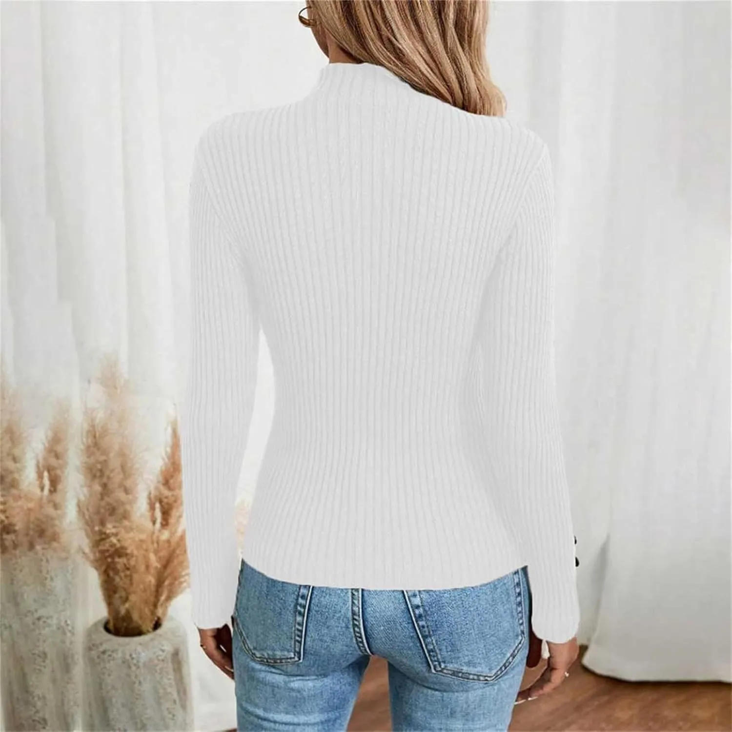 Sweater for Women Solid Casual Turtleneck Button Pullover Knitted Base Pullover Slim Fit Versatile Ribbed Stretch Tops