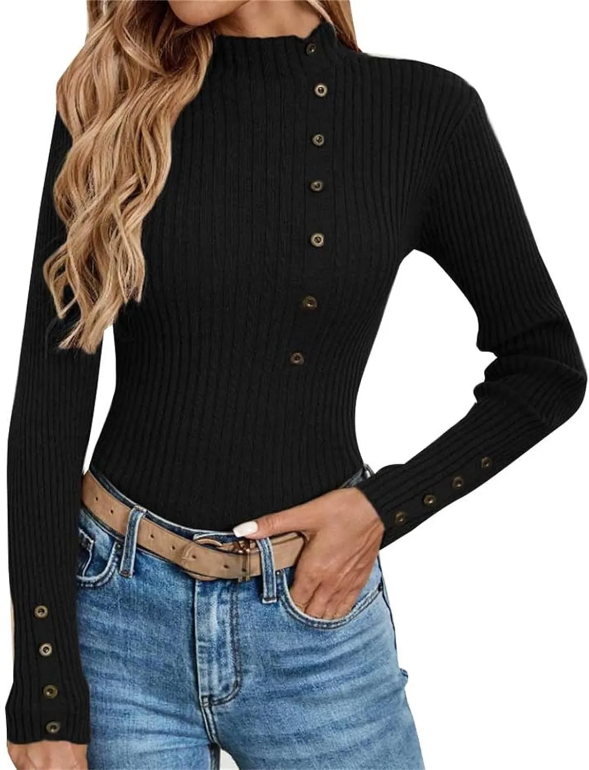 Sweater for Women Solid Casual Turtleneck Button Pullover Knitted Base Pullover Slim Fit Versatile Ribbed Stretch Tops