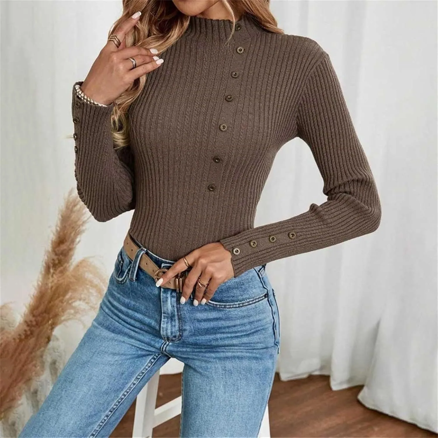 Sweater for Women Solid Casual Turtleneck Button Pullover Knitted Base Pullover Slim Fit Versatile Ribbed Stretch Tops