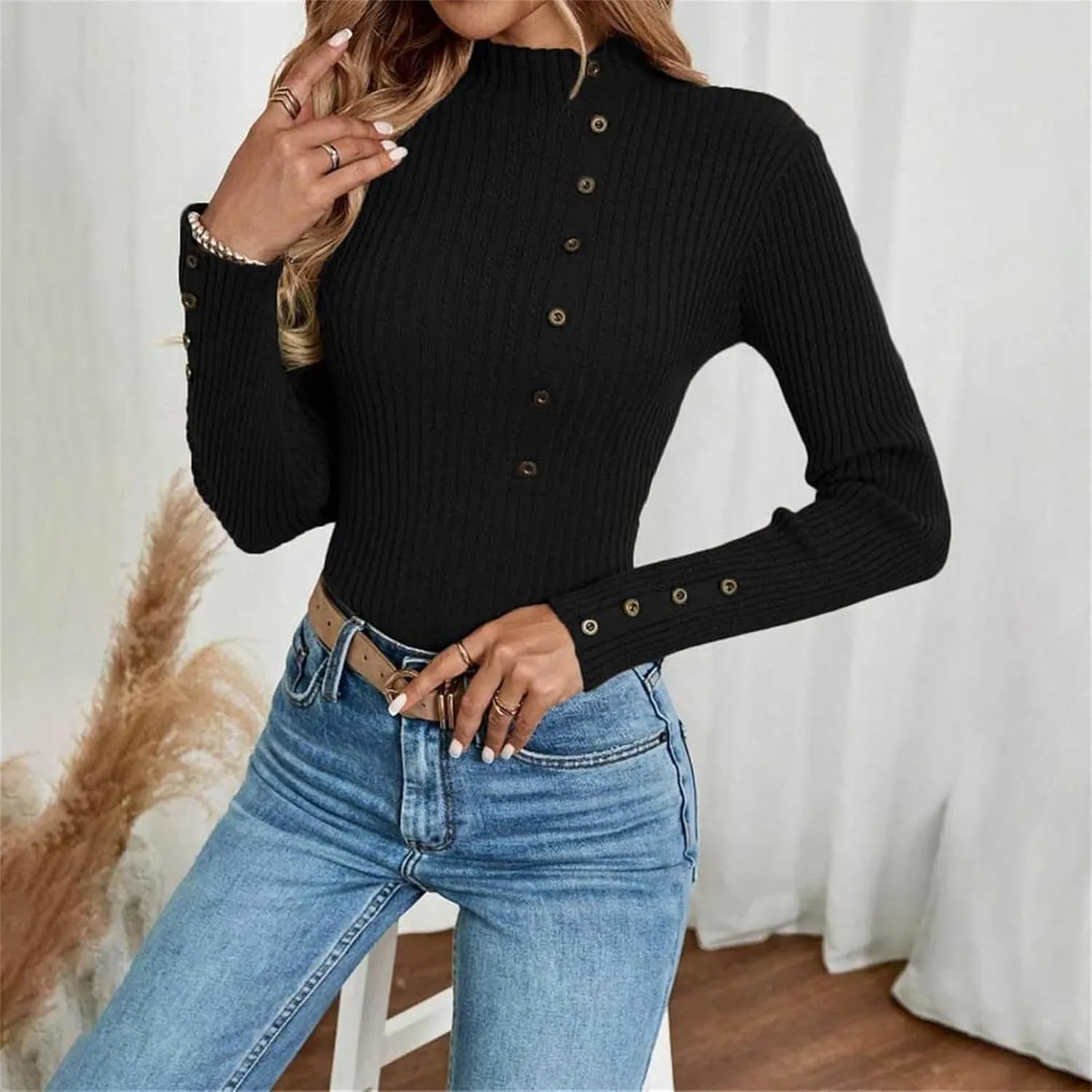 Sweater for Women Solid Casual Turtleneck Button Pullover Knitted Base Pullover Slim Fit Versatile Ribbed Stretch Tops