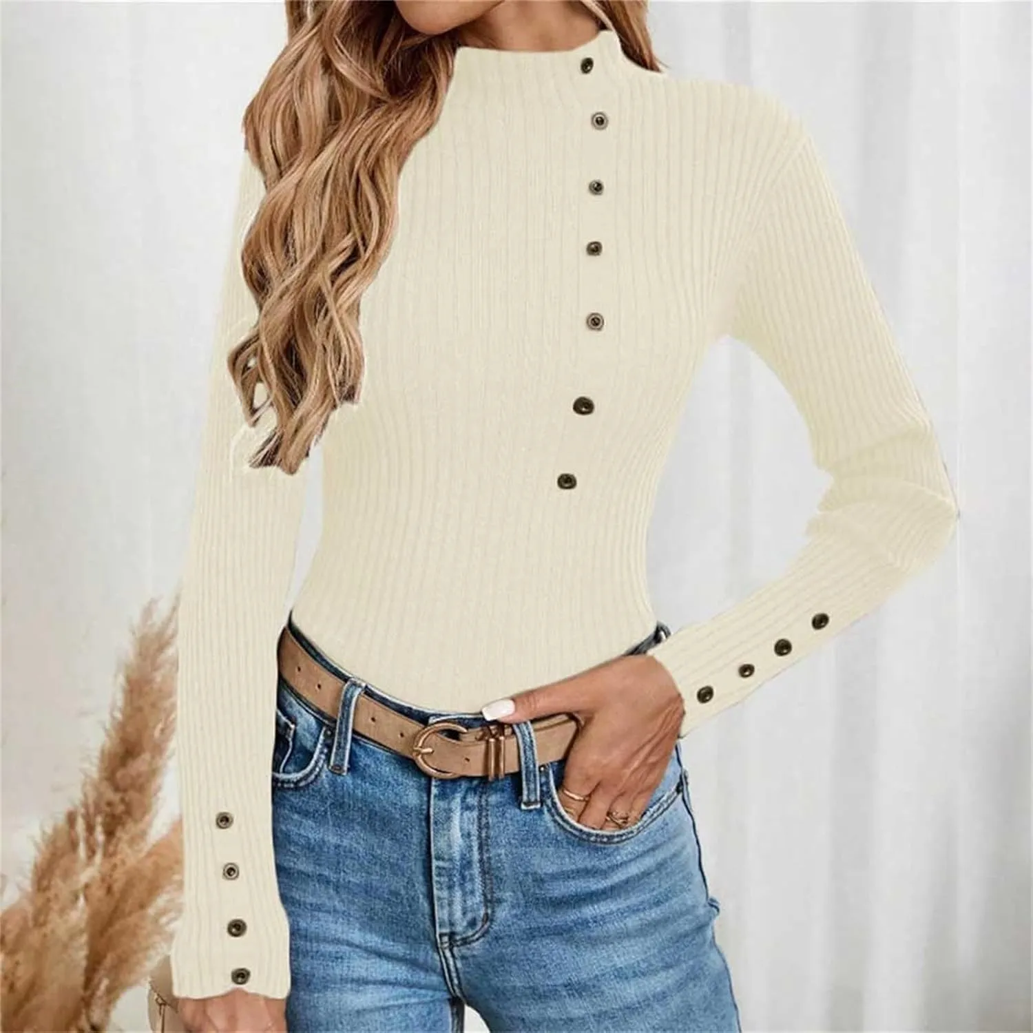 Sweater for Women Solid Casual Turtleneck Button Pullover Knitted Base Pullover Slim Fit Versatile Ribbed Stretch Tops