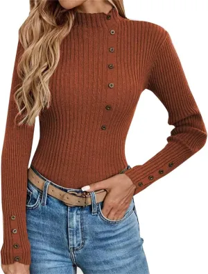 Sweater for Women Solid Casual Turtleneck Button Pullover Knitted Base Pullover Slim Fit Versatile Ribbed Stretch Tops