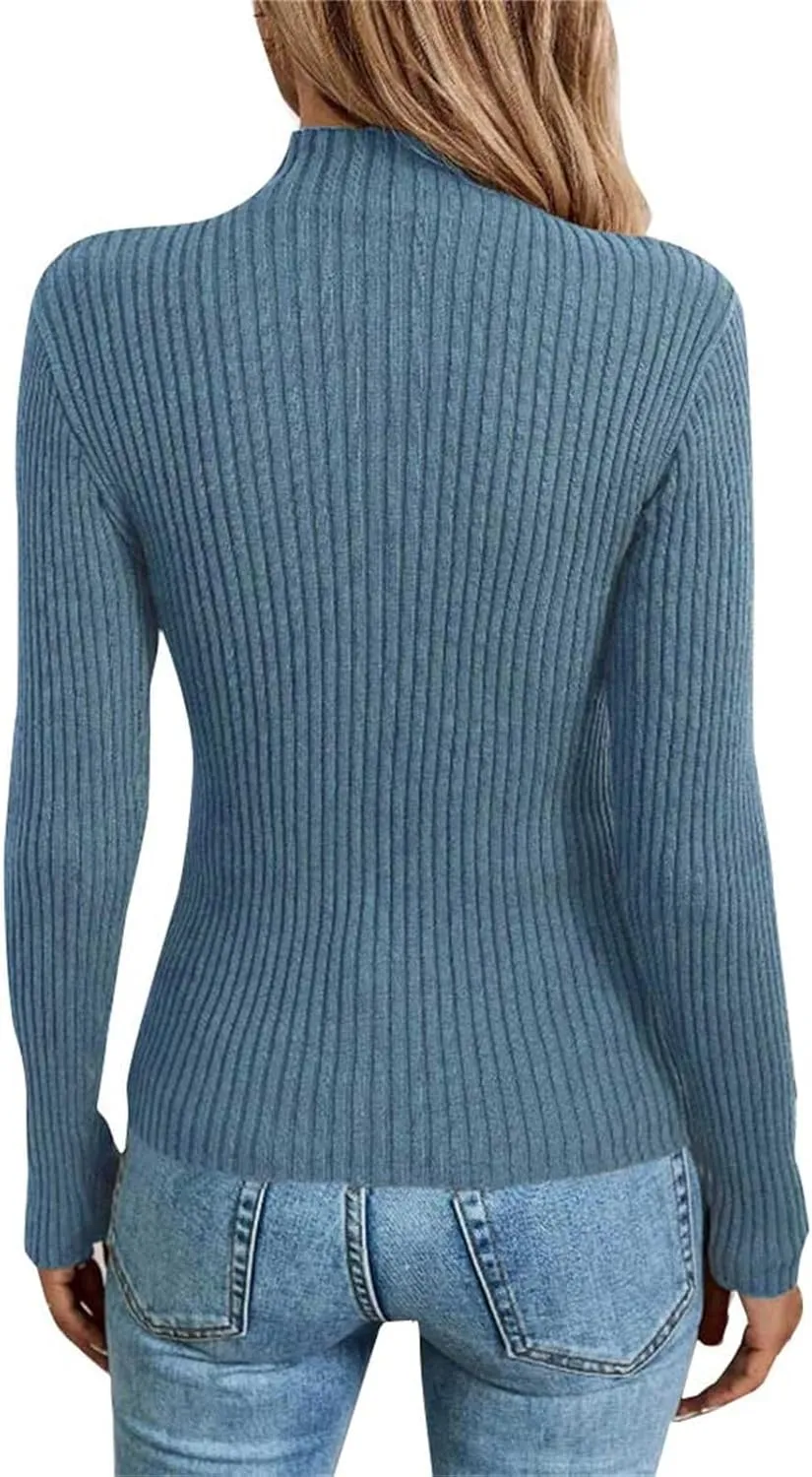 Sweater for Women Solid Casual Turtleneck Button Pullover Knitted Base Pullover Slim Fit Versatile Ribbed Stretch Tops