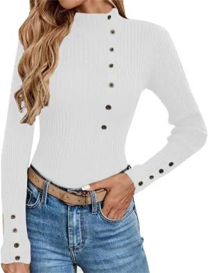 Sweater for Women Solid Casual Turtleneck Button Pullover Knitted Base Pullover Slim Fit Versatile Ribbed Stretch Tops