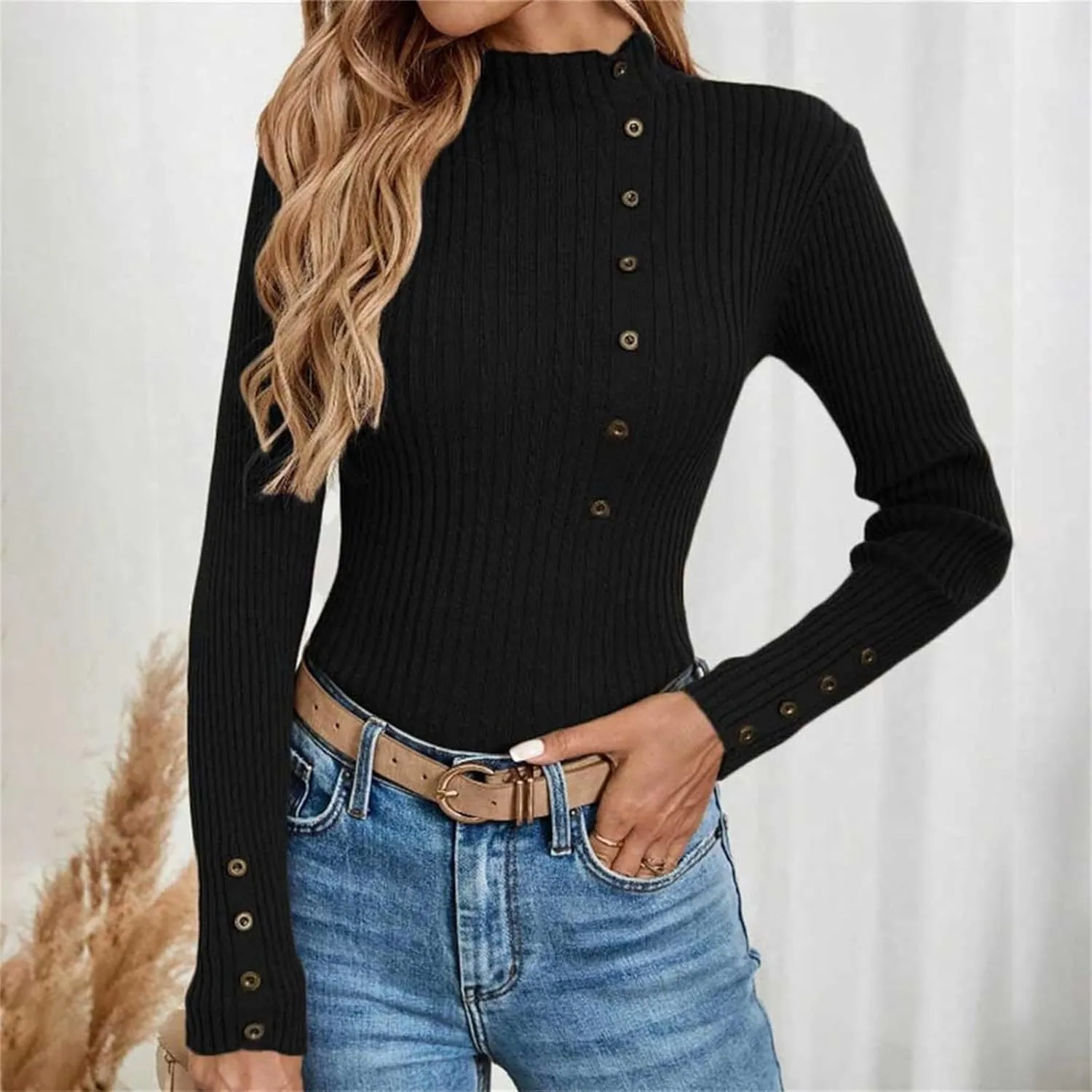 Sweater for Women Solid Casual Turtleneck Button Pullover Knitted Base Pullover Slim Fit Versatile Ribbed Stretch Tops