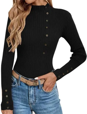Sweater for Women Solid Casual Turtleneck Button Pullover Knitted Base Pullover Slim Fit Versatile Ribbed Stretch Tops