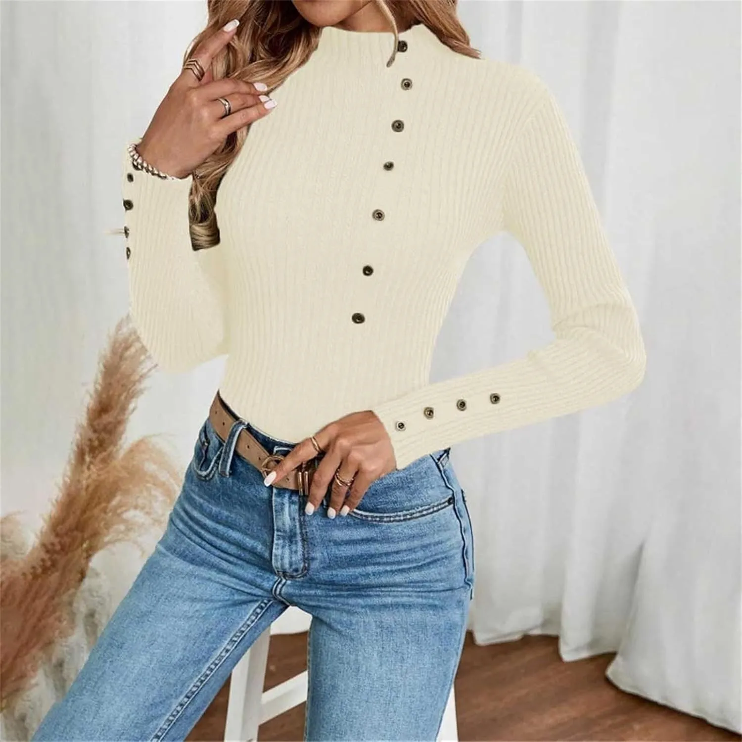 Sweater for Women Solid Casual Turtleneck Button Pullover Knitted Base Pullover Slim Fit Versatile Ribbed Stretch Tops