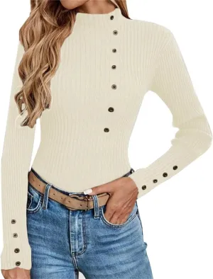 Sweater for Women Solid Casual Turtleneck Button Pullover Knitted Base Pullover Slim Fit Versatile Ribbed Stretch Tops