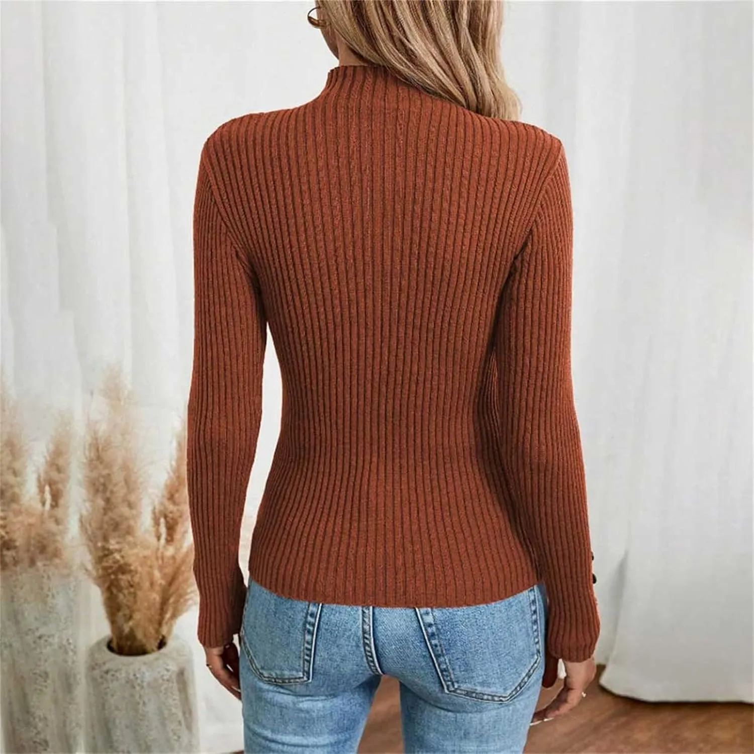 Sweater for Women Solid Casual Turtleneck Button Pullover Knitted Base Pullover Slim Fit Versatile Ribbed Stretch Tops